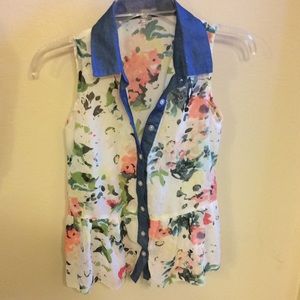 Charlotte Russe White Floral Denim Peplum Top Womens Size XS